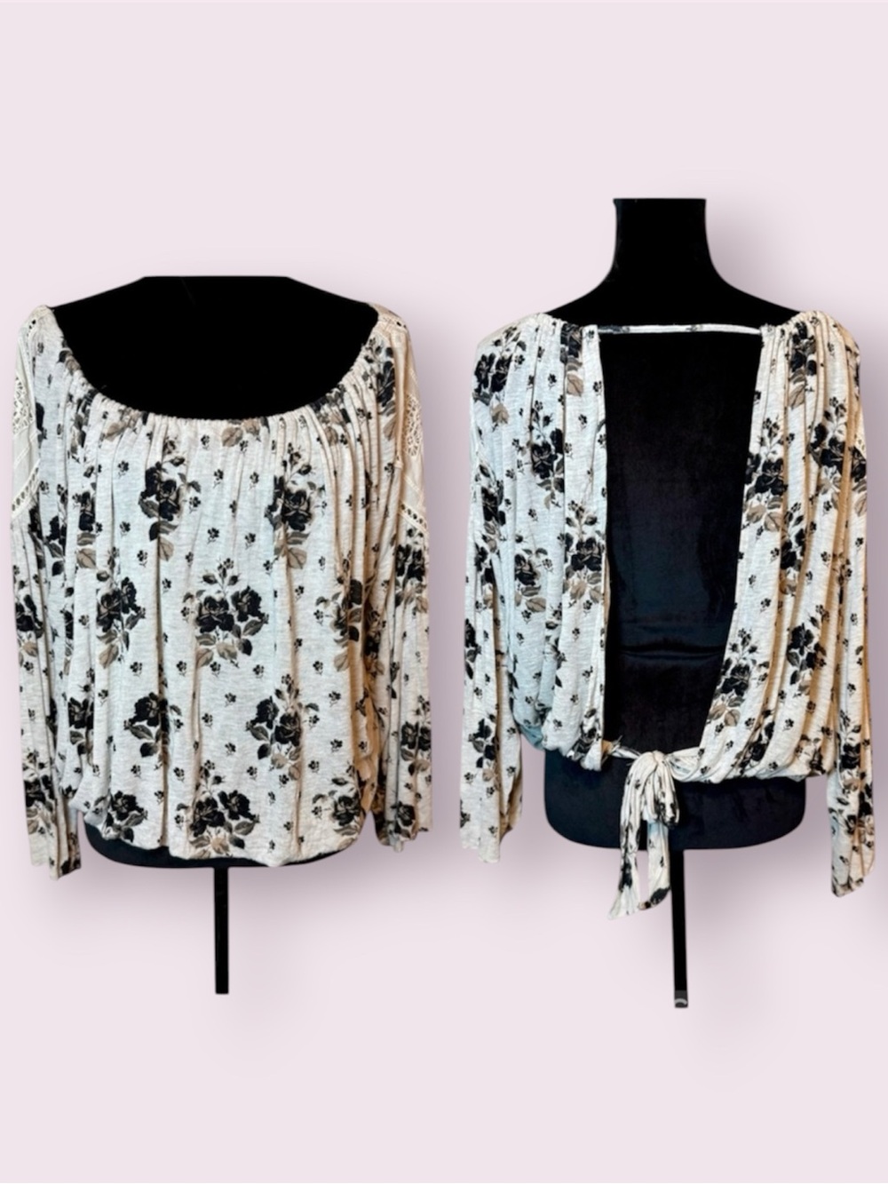 Free People Open Back Long Sleeve Floral Boho Top Cream & Black Size Small